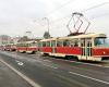 A T3 tram parade passed through Prague, commemorating their 60th birthday