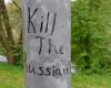 Kill the Russians, someone urges in a park with Nazi symbols