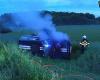 The car flew into a field and caught fire. The driver ended up in the care of doctors